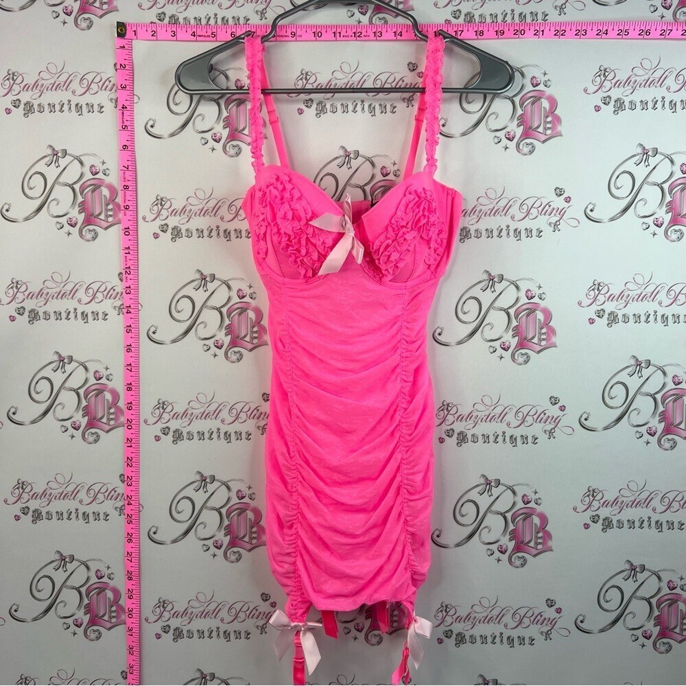 Victoria’s Secret Hot Pink Ruffled Lingerie Dress with Bow Accents & Push up